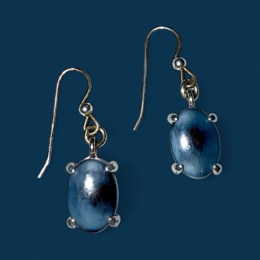 Silver Tone Star Sapphire French Hook Oval Dangle Earrings